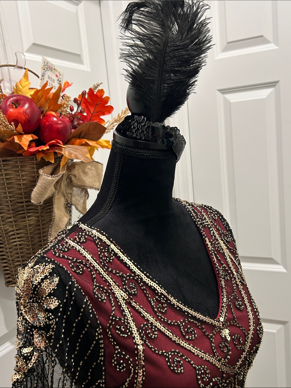 Babeyond Burgundy Flapper Dress with Gold Beading and Headband Feather XS - Picture 12 of 16